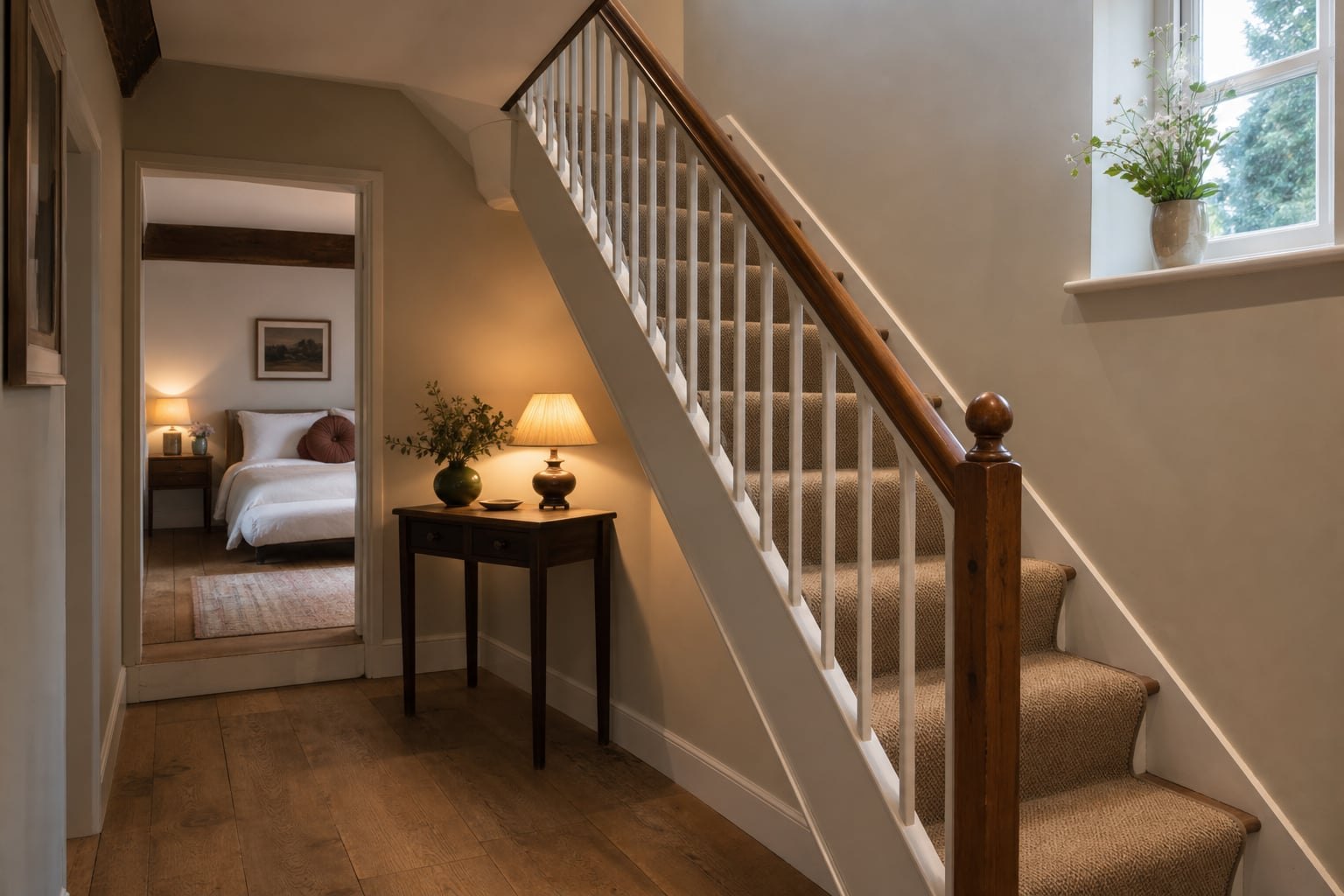 Clear internal stair in a short-let cottage with soft evening light