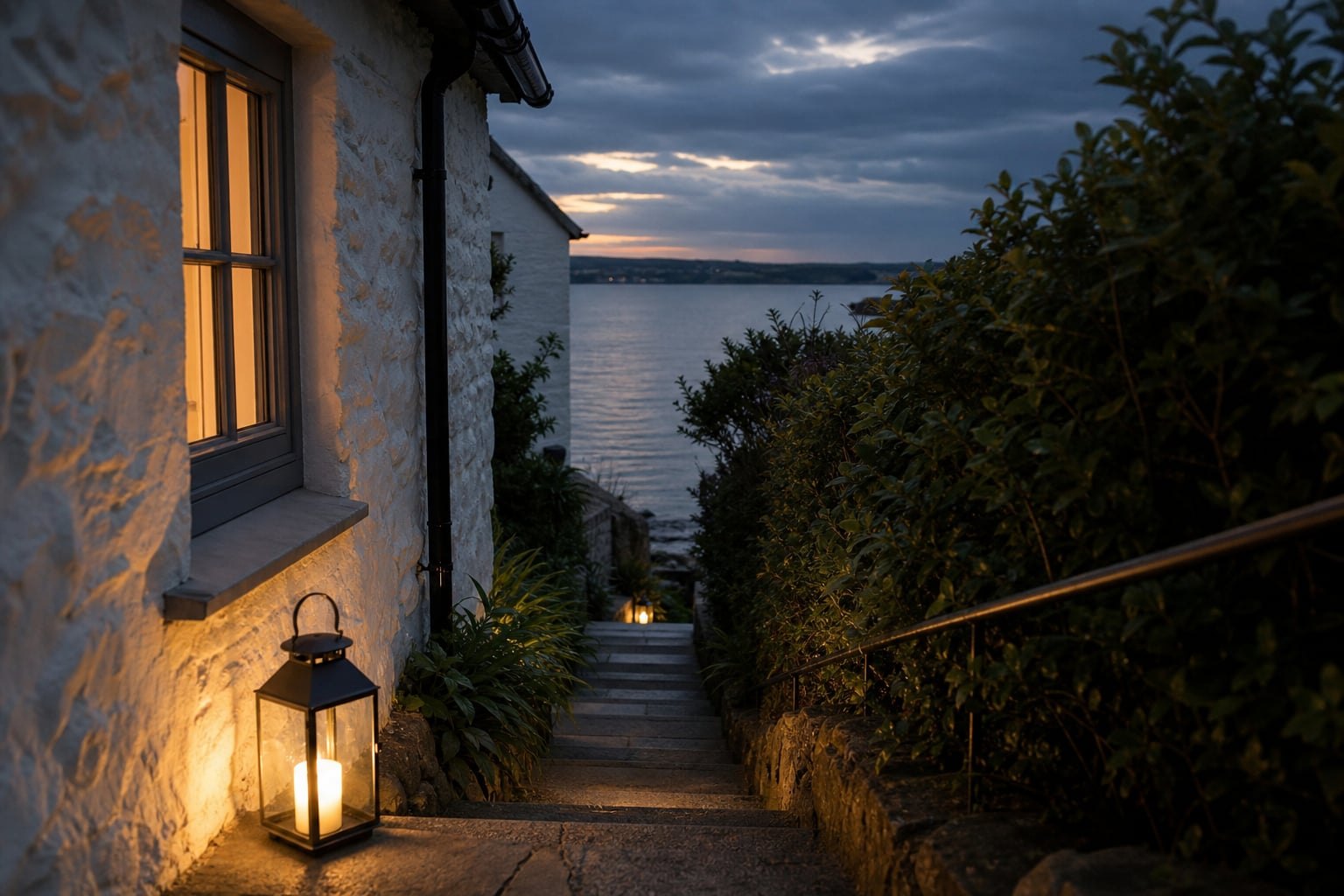 Softly lit stair escape path in a holiday cottage at dusk