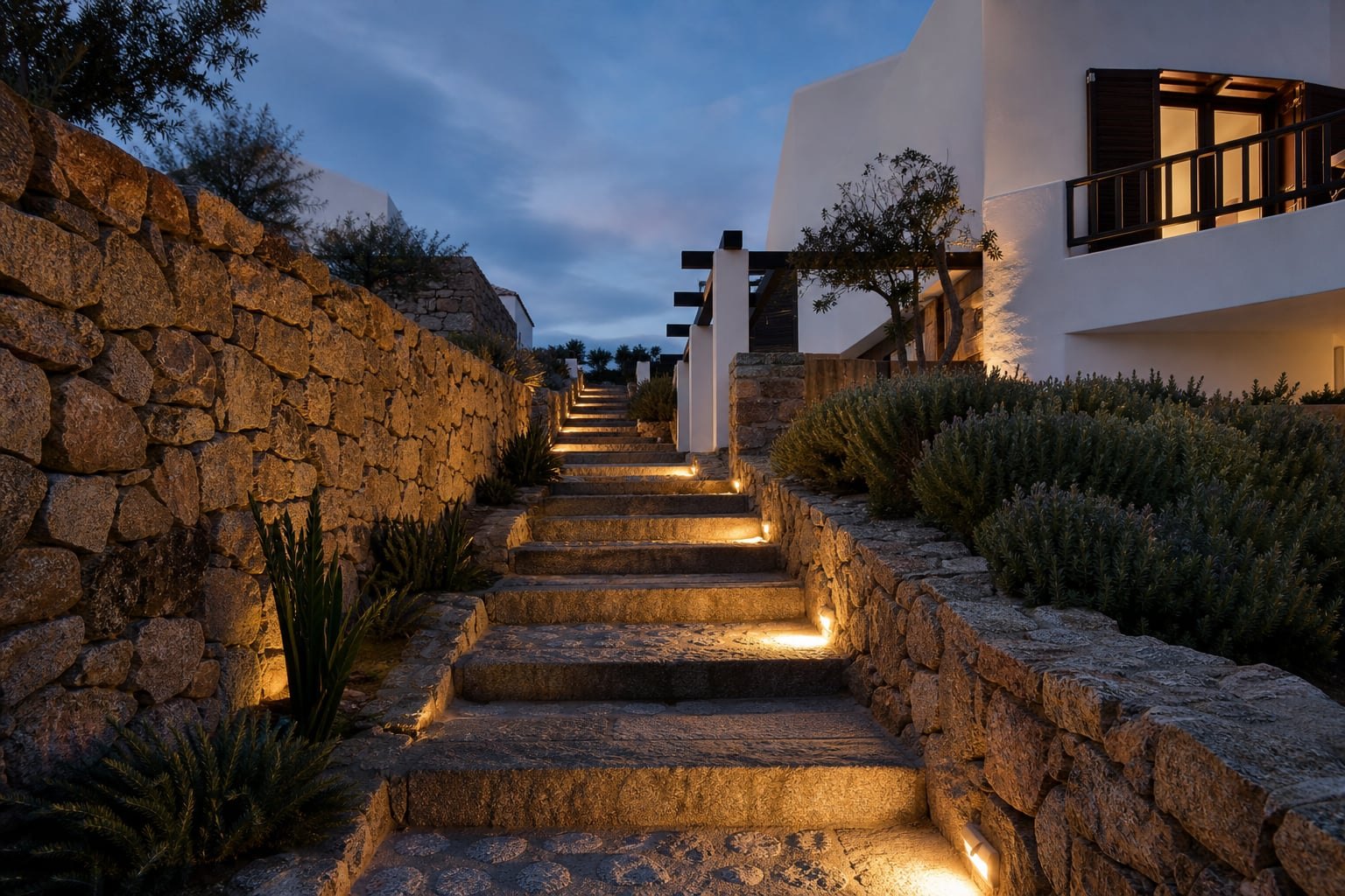 Holiday apartment stair with subtle pathway lighting at dusk