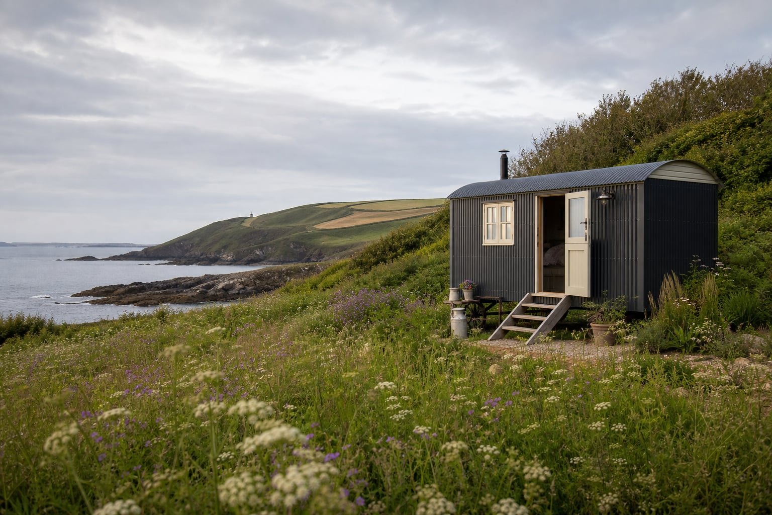 Shepherd’s hut glamping unit in a Pembrokeshire coastal meadow