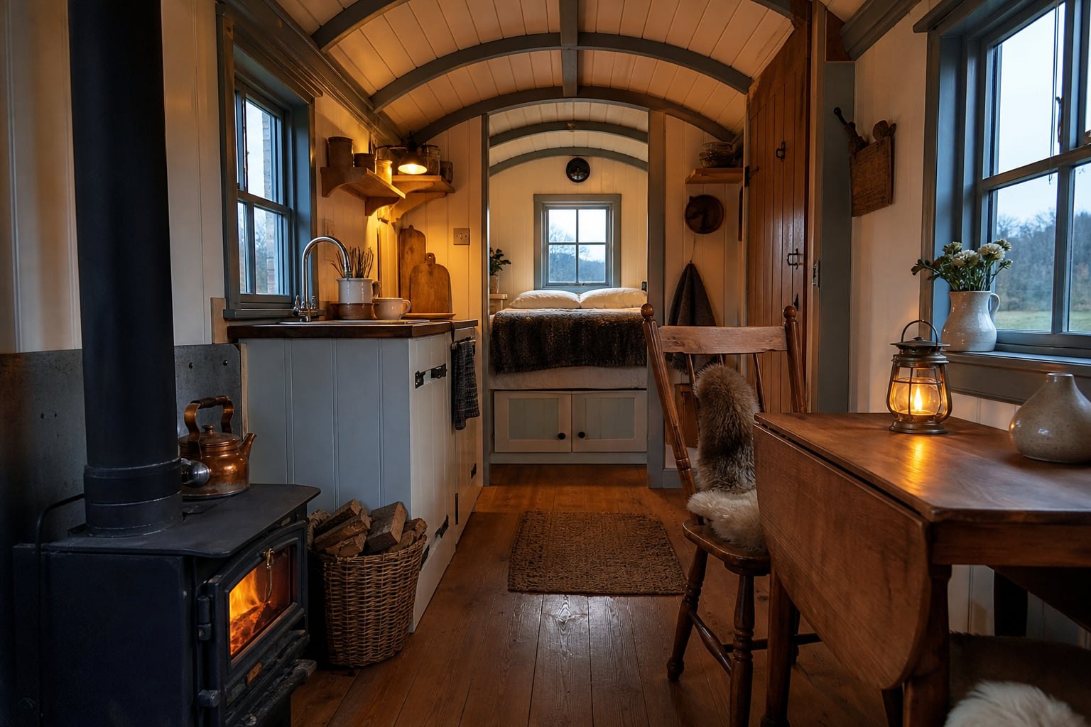 Interior of a shepherd’s hut with wood burner and soft evening light