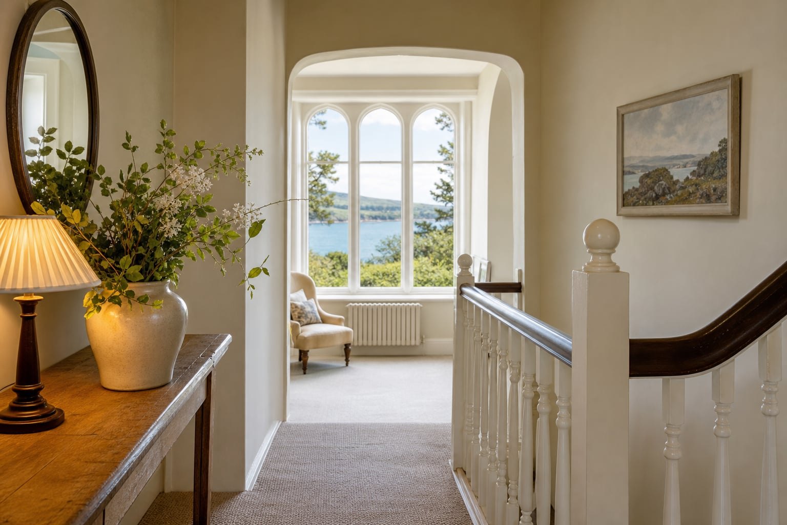 Welcoming guest-house stair landing with soft natural light