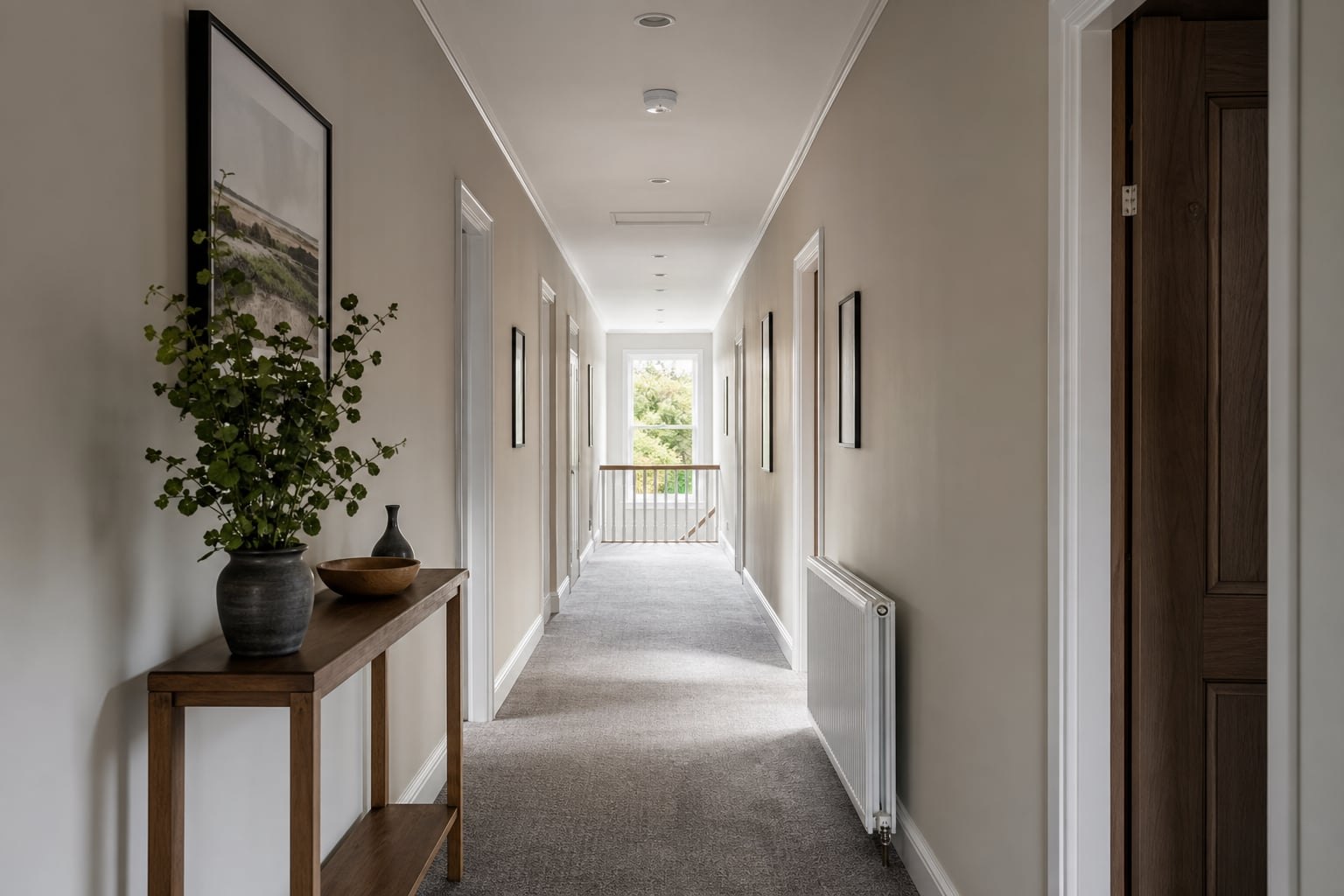Guest-house corridor and soft daylight through a landing window
