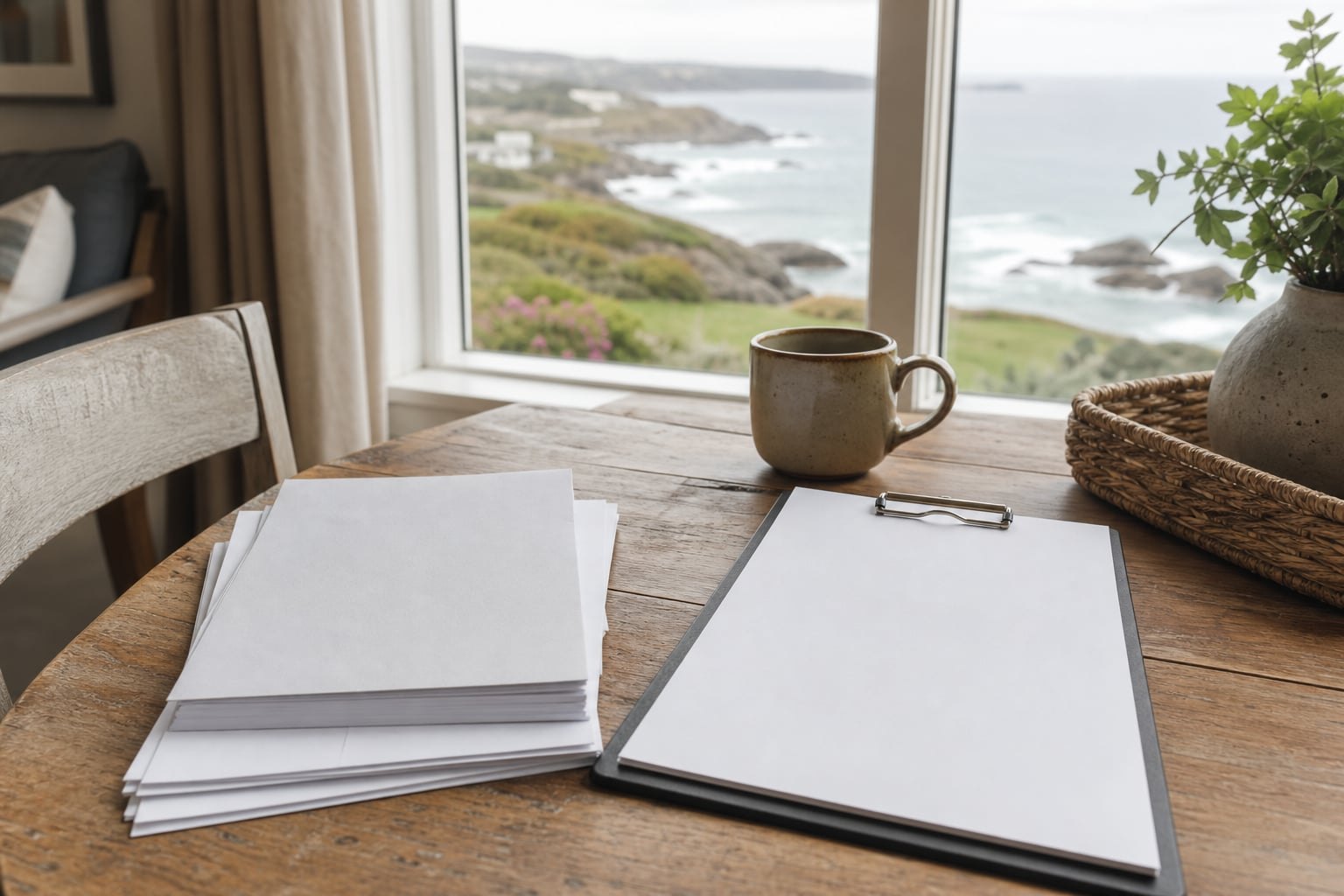Clipboard and notes on a holiday cottage table by a coastal window