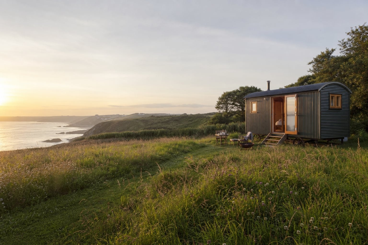 Shepherd’s hut glamping unit in a Fishguard coastal meadow
