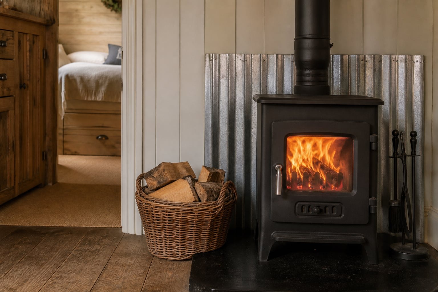 Wood burner detail inside a glamping hut