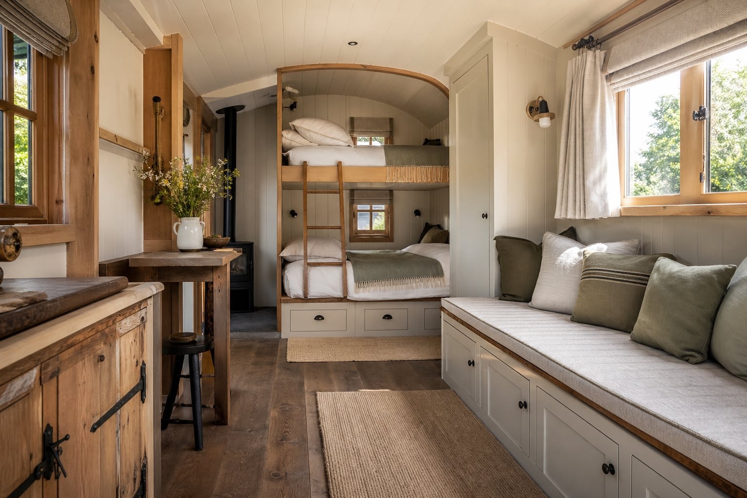 Opposite view of the hut interior bunk and seating