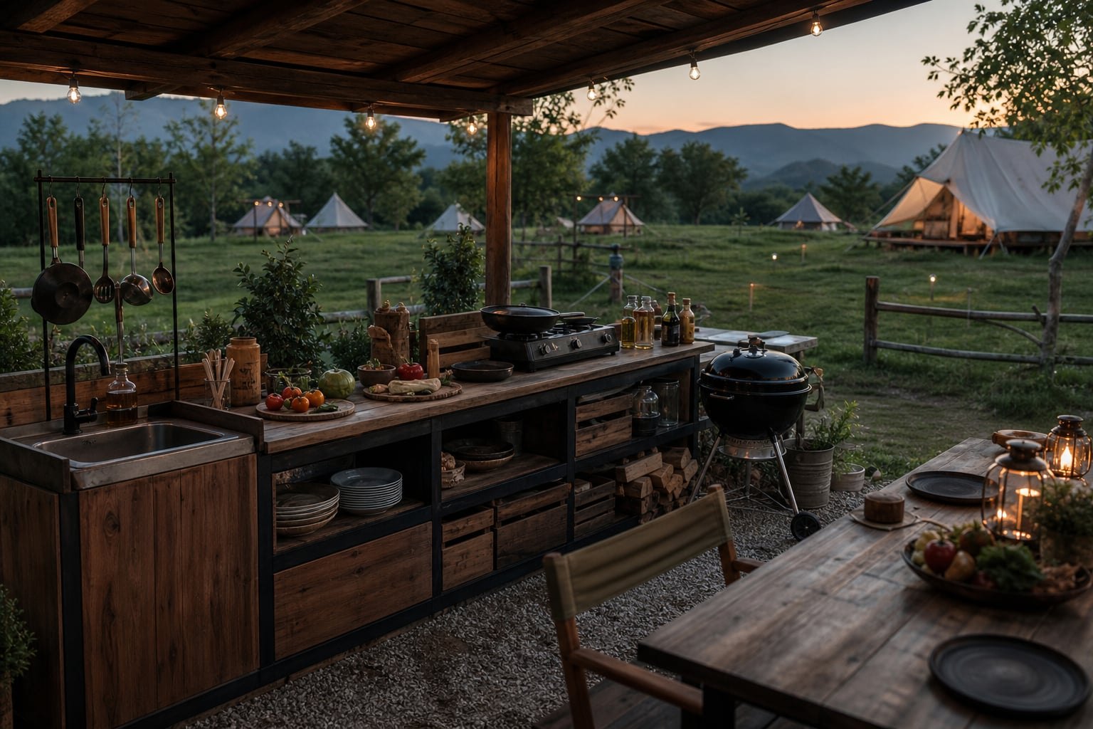 Outdoor cooking area with calm evening light