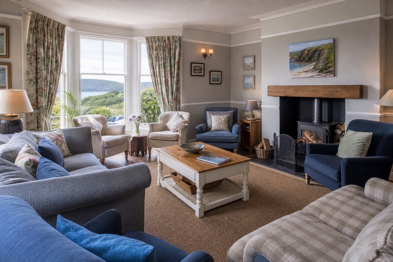 Wide view of a welcoming guest lounge