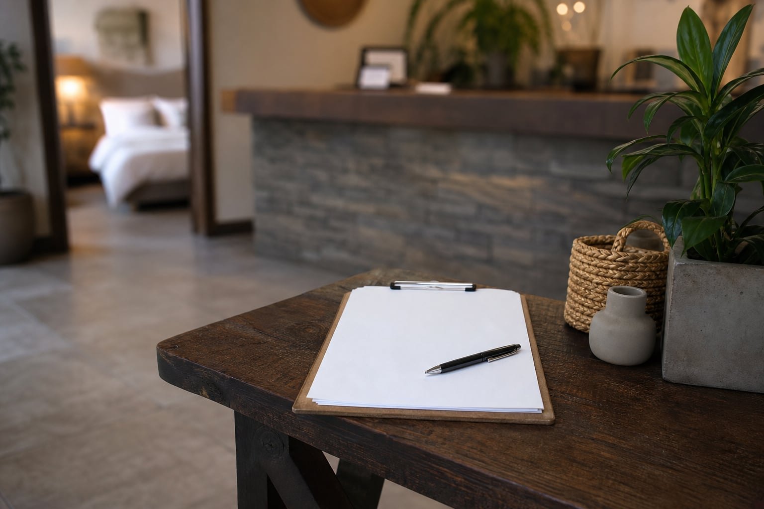 Clipboard and notes on a reception side table