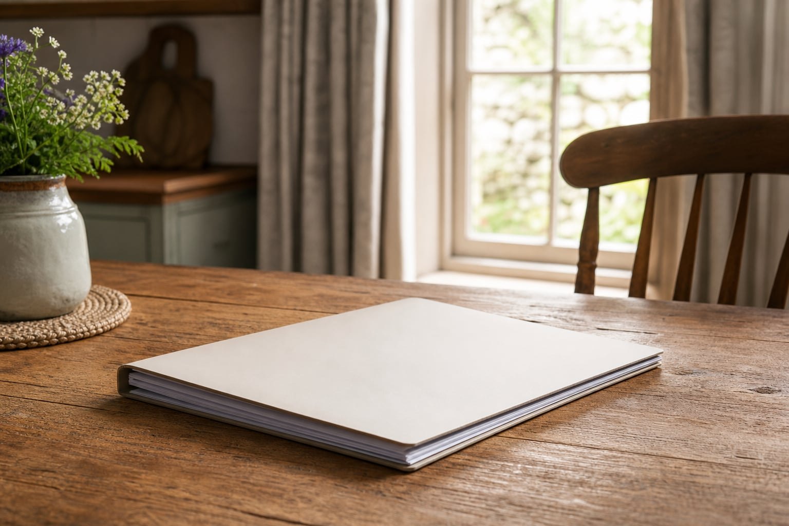 Neat documentation folder on a kitchen table