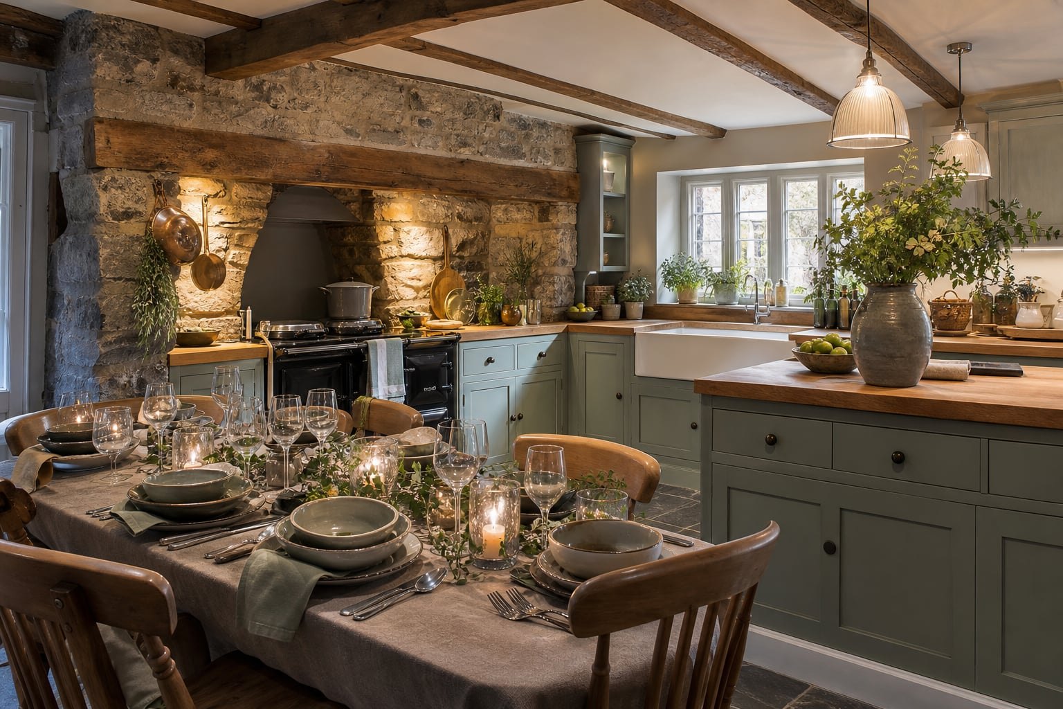 Wide view of the kitchen prepared for guests