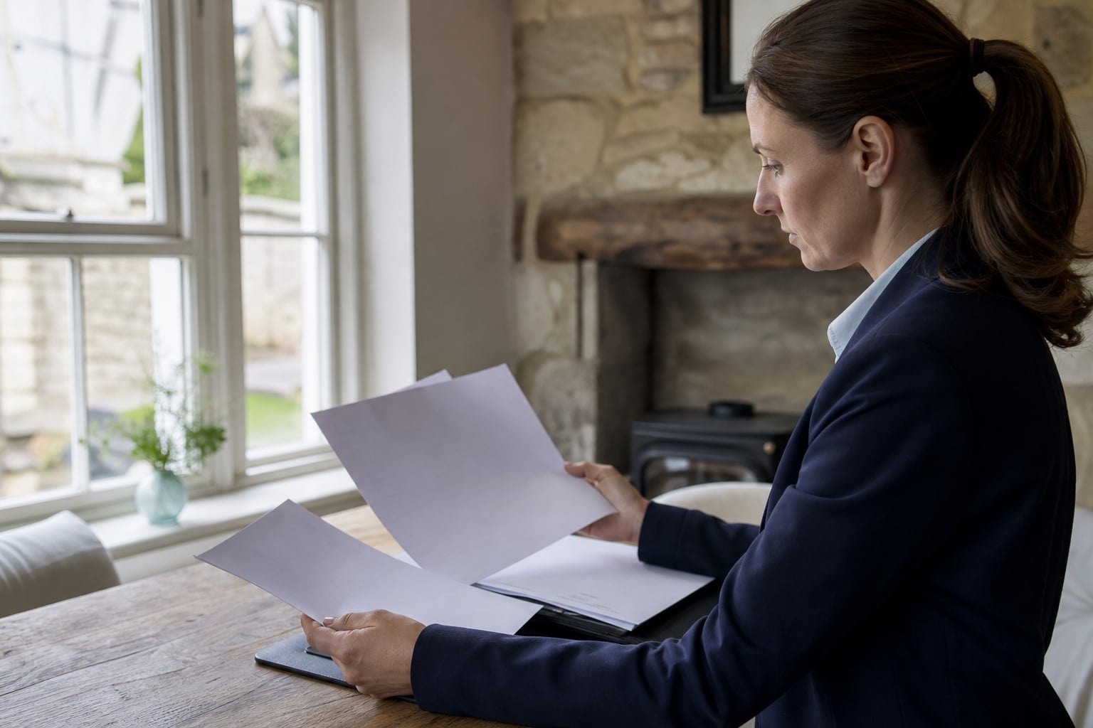 Manager reviewing fire-safety papers by a window