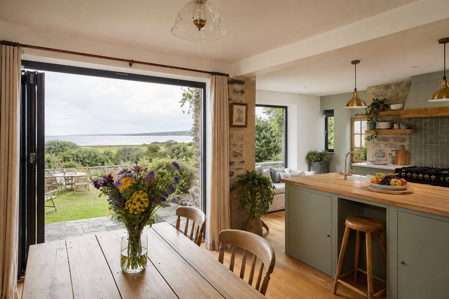 Wide view of kitchen-diner opening to the garden