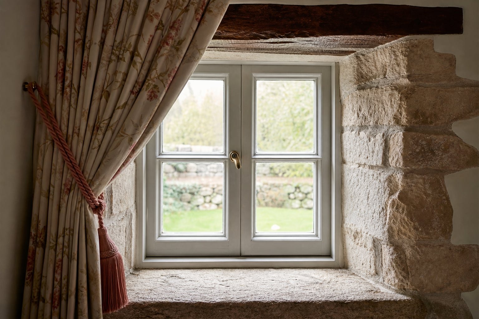 Thick stone window reveal and curtain detail