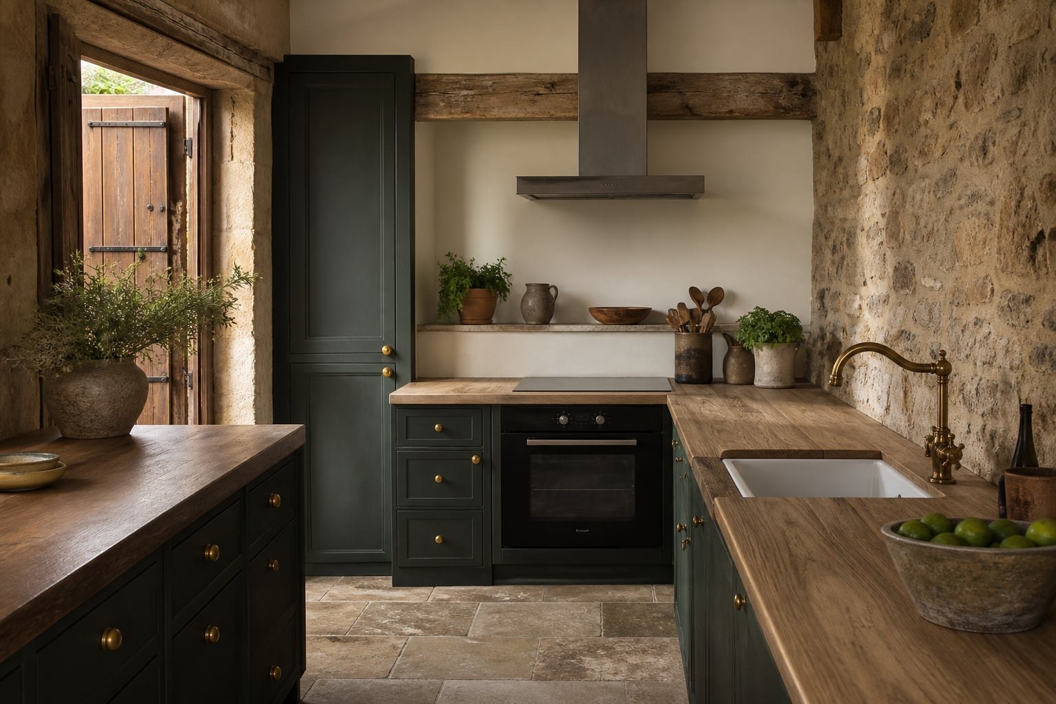 Wide view of the compact kitchen