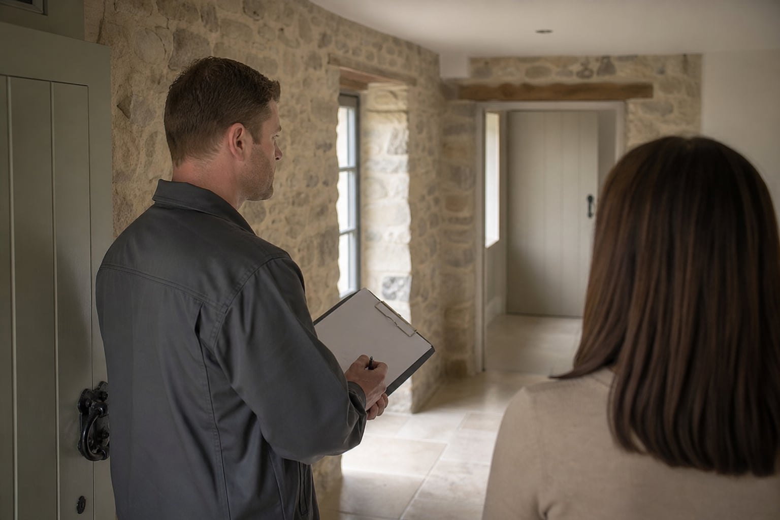 Assessor with clipboard in the cottage hallway