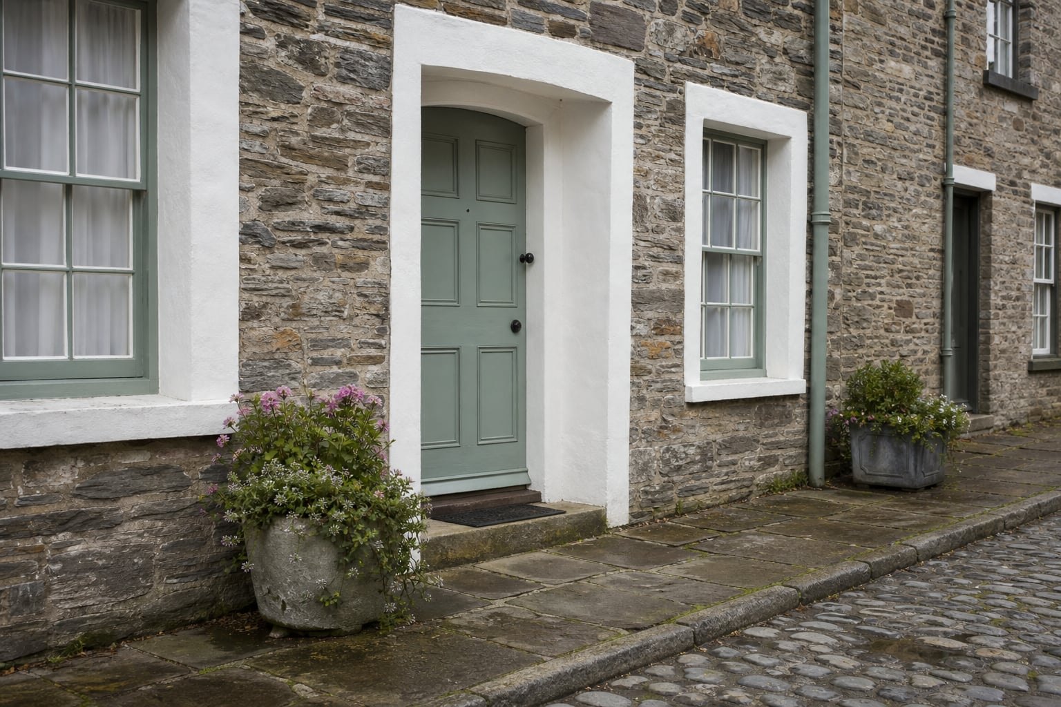 Cobble street threshold outside the cottage