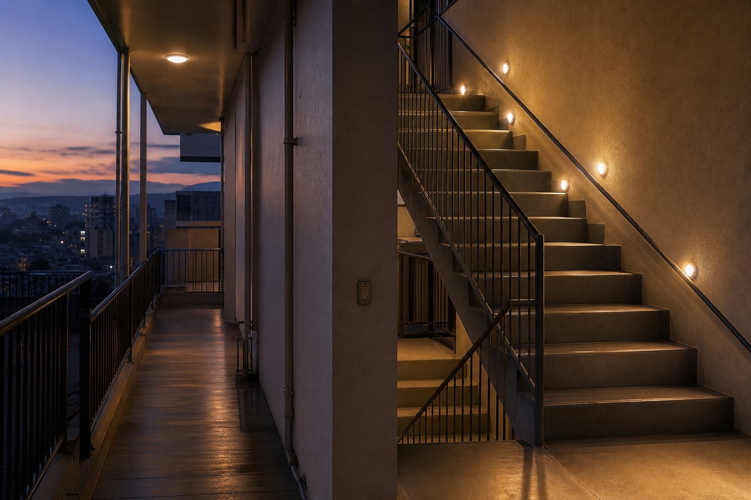 Emergency lighting glow along a clear escape path