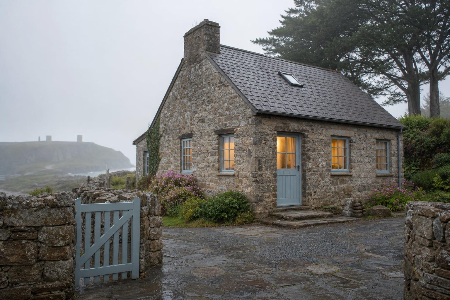 Stone Airbnb cottage near St Davids in soft mist