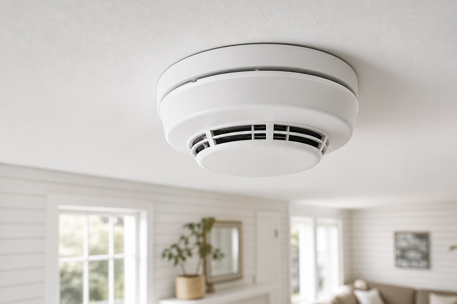 Ceiling smoke detector detail in a bright cottage interior
