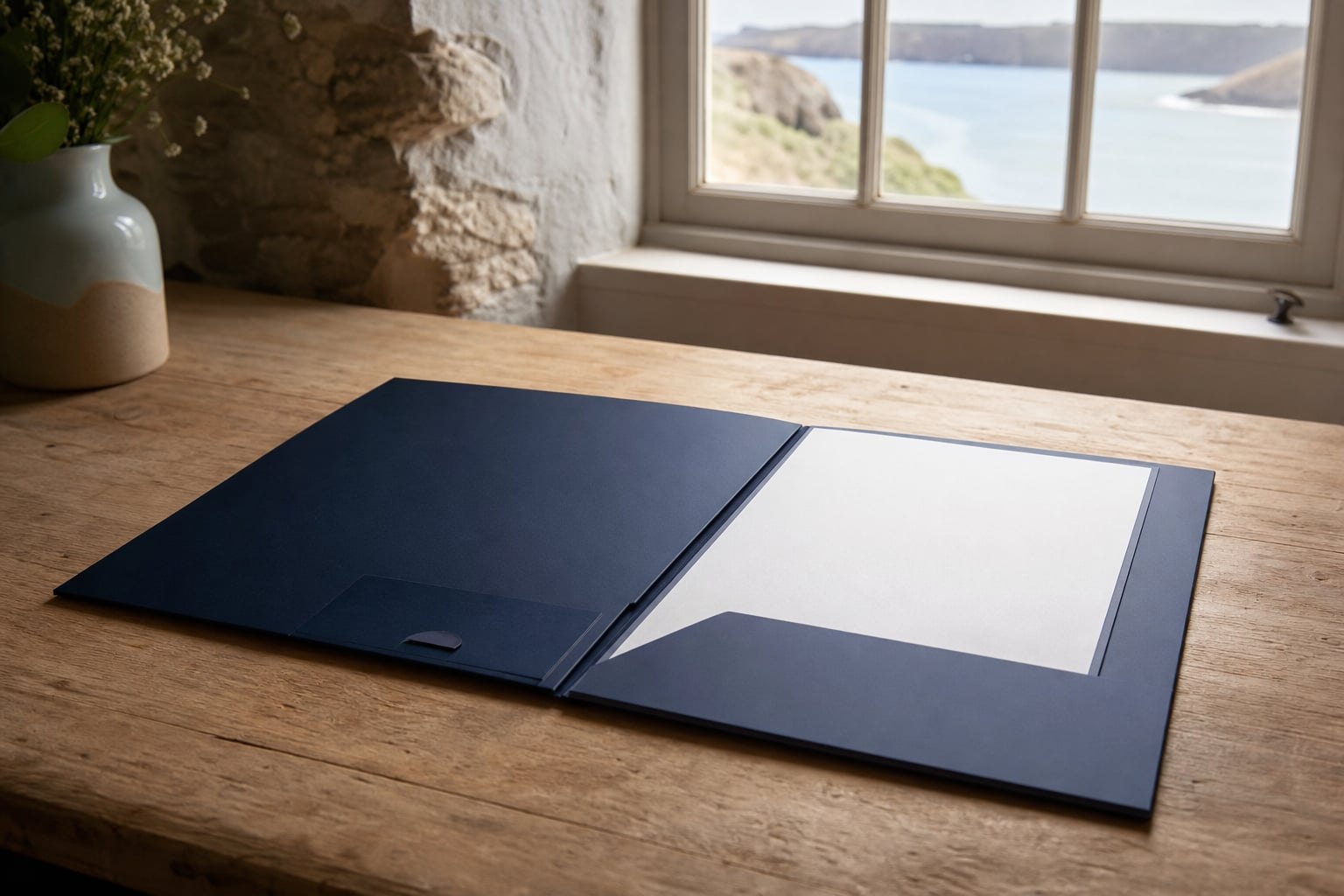 Welcome-pack folder on a timber table with coastal light