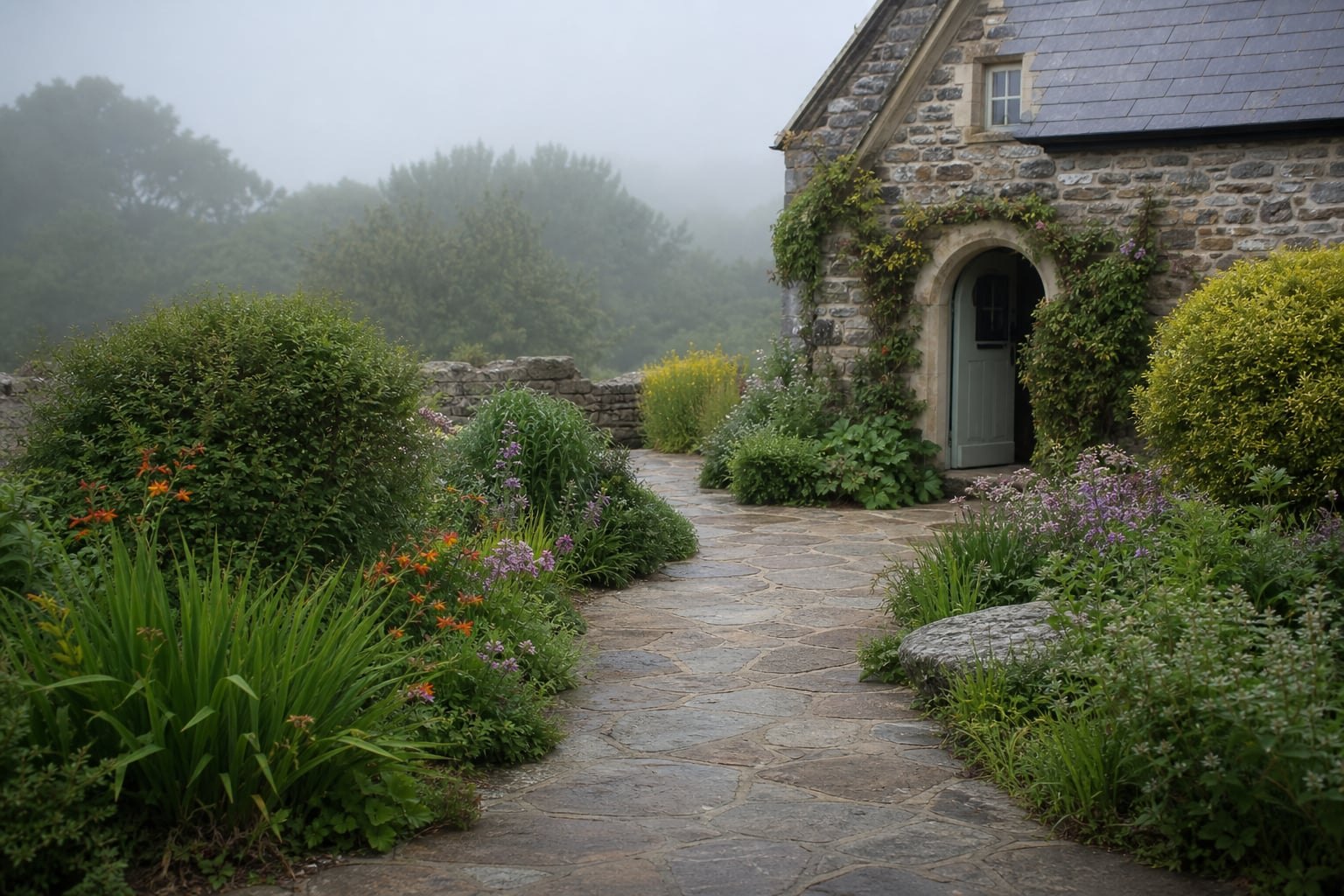 Garden path approaching the stone cottage entrance