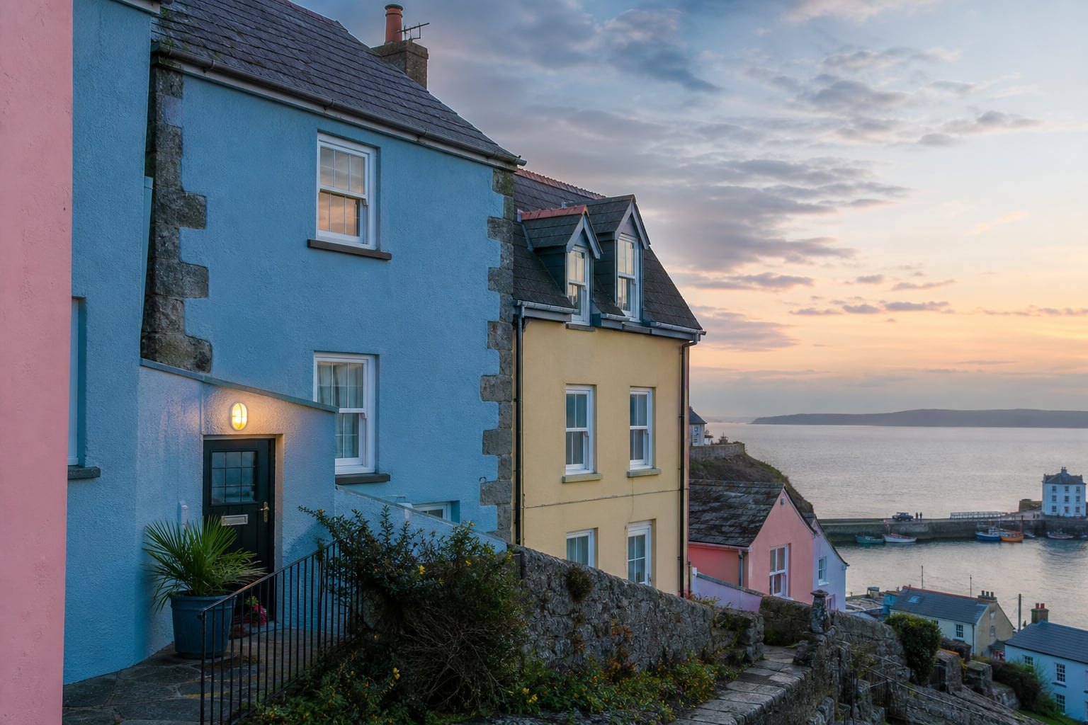 Tenby harbour holiday cottage exterior in soft coastal light