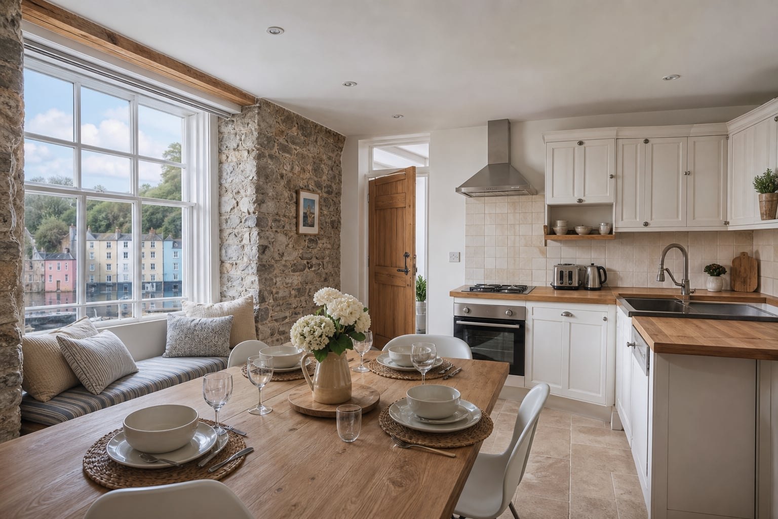 Wide view of the multi-level cottage kitchen and dining area