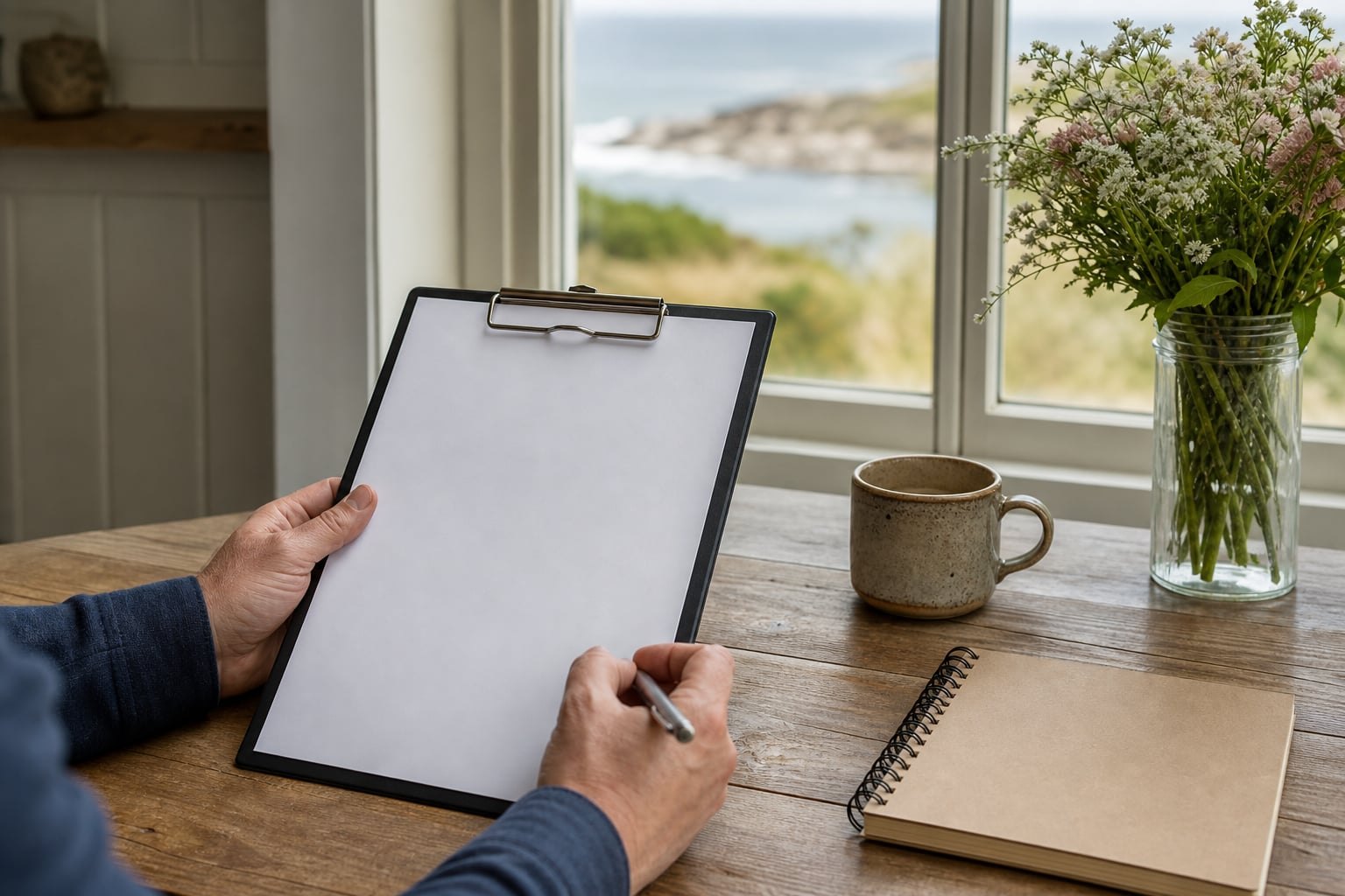 Assessor reviewing notes at a cottage table by a window