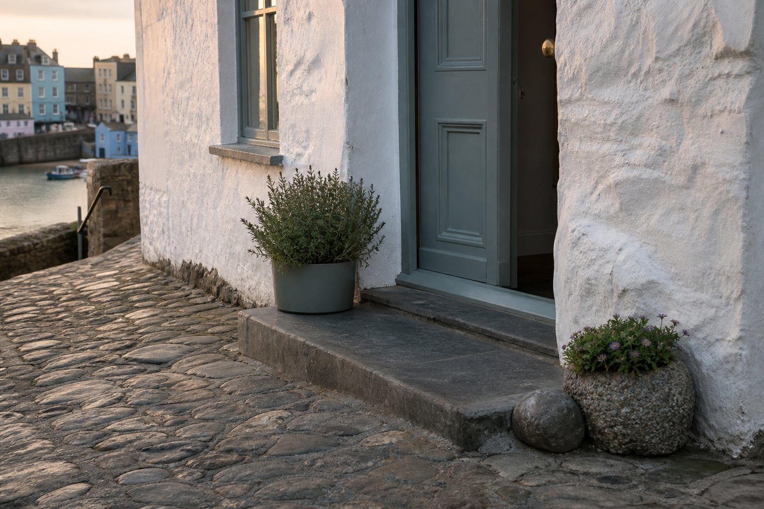 Harbour-side threshold and front door of the Tenby cottage